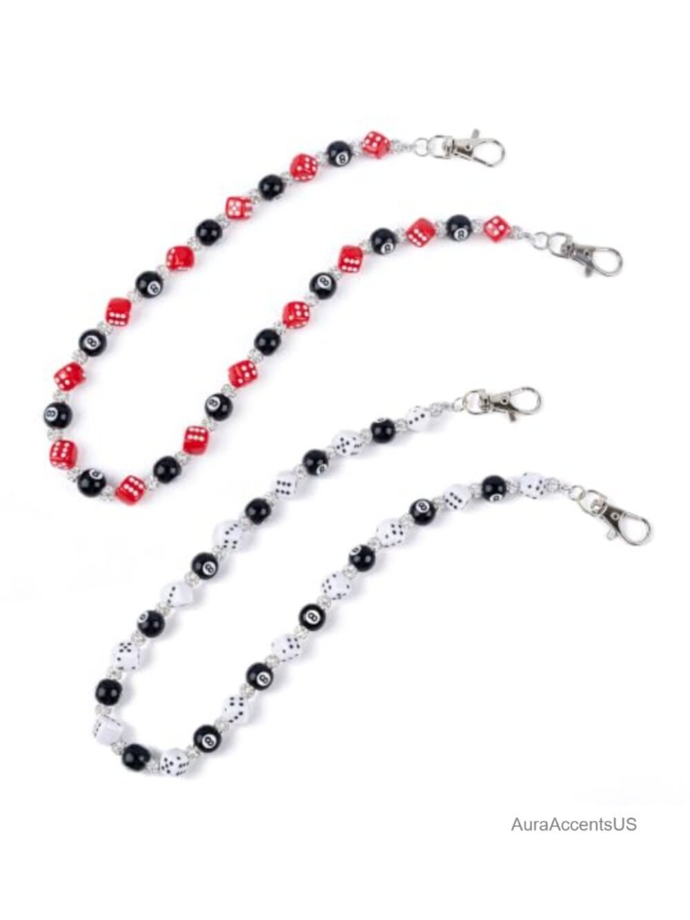 2 Pack Black 8 Ball Dice Keychain Bag Charm Purse Chains